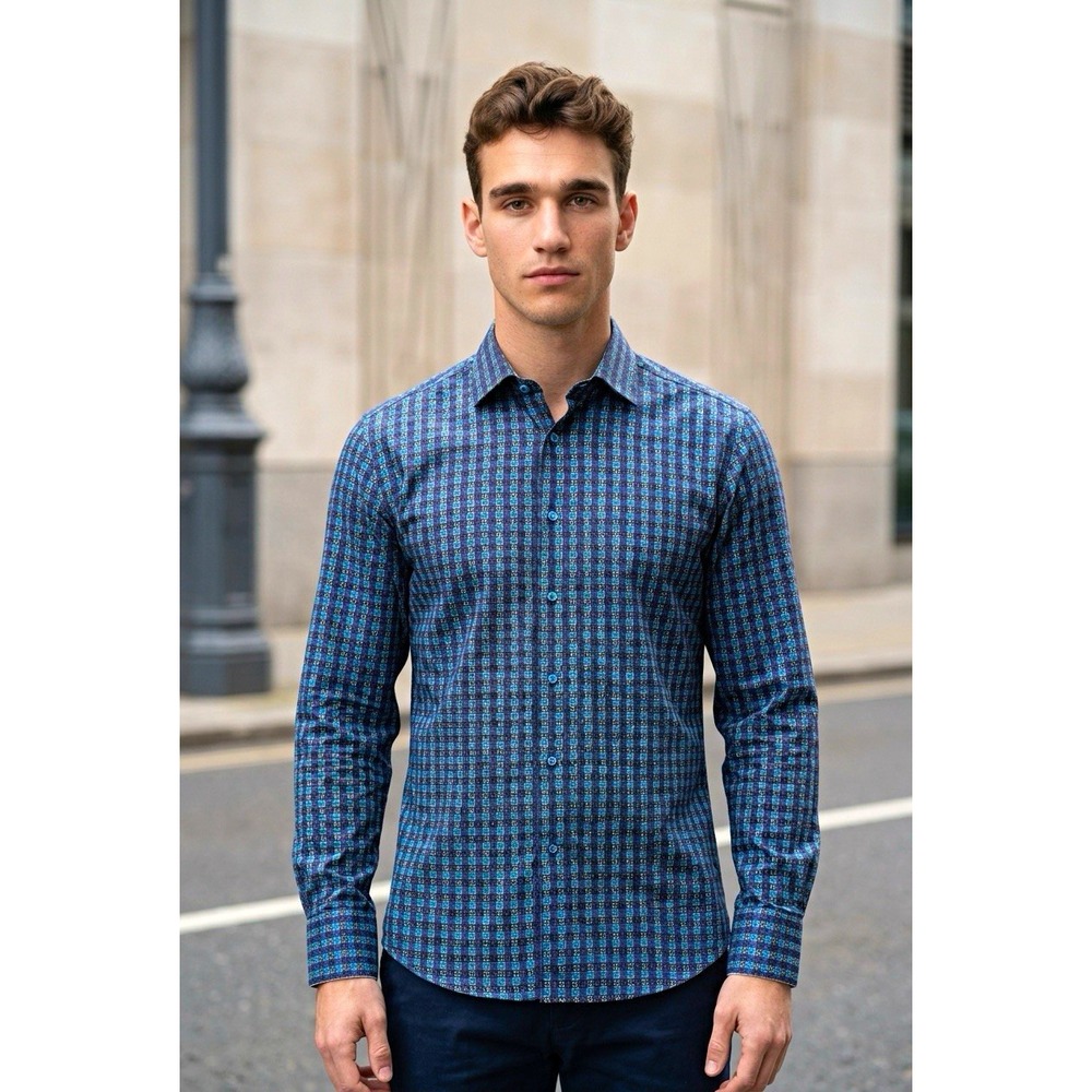 Robert Graham Mens Blue Black Geometric Cotton Classic Fit Dress Shirt L